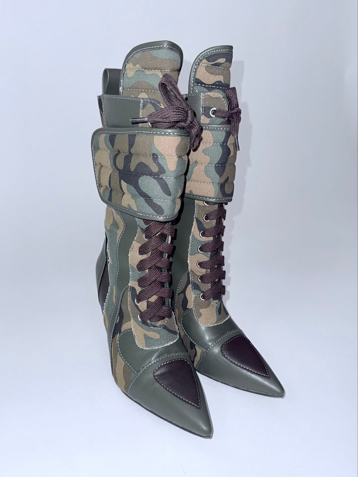 Camo Mid-Calf High Heel Stiletto Bootie